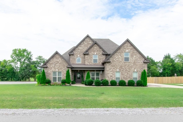 craftsman inspired home featuring fence, a shingled roof, brick siding, and a front yard