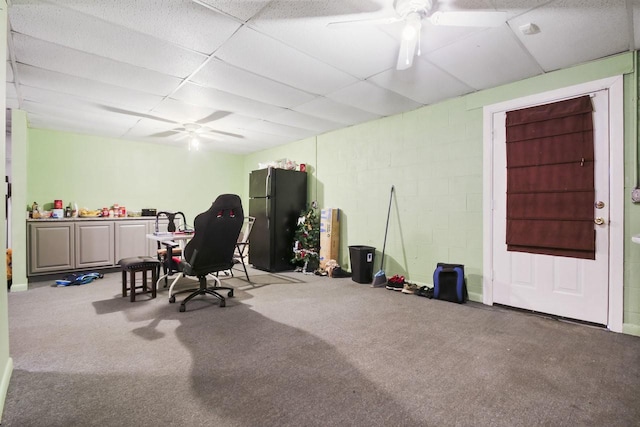 119 Sleepy Hollow Dr, Springfield, TN 37172 - carpeted office space with ceiling fan, a paneled ceiling, and concrete block wall