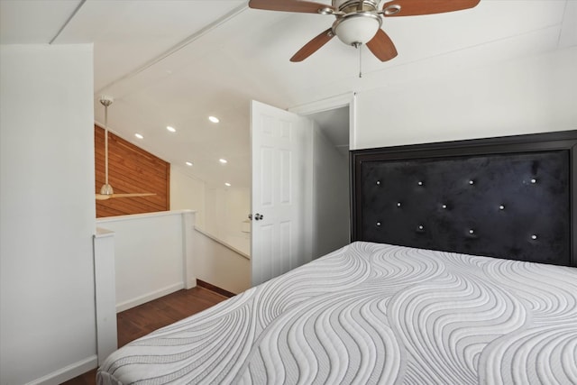 bedroom with baseboards, wood finished floors, a ceiling fan, and recessed lighting