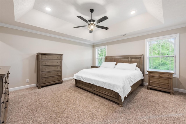 bedroom featuring a raised ceiling, multiple windows, baseboards, crown molding, and light colored carpet