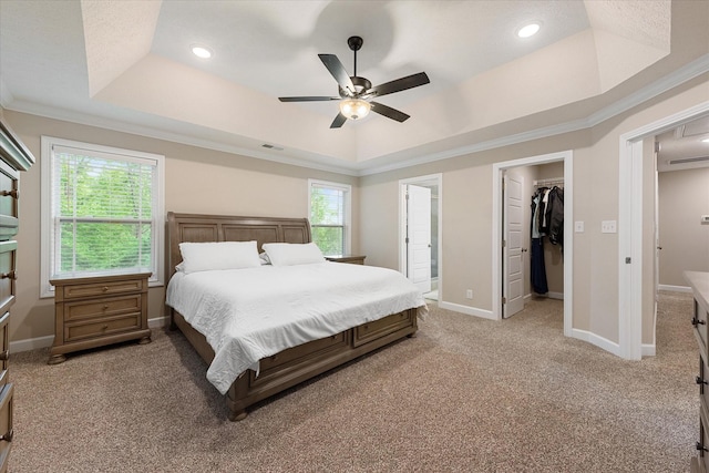 bedroom with a tray ceiling, a spacious closet, light carpet, crown molding, and baseboards