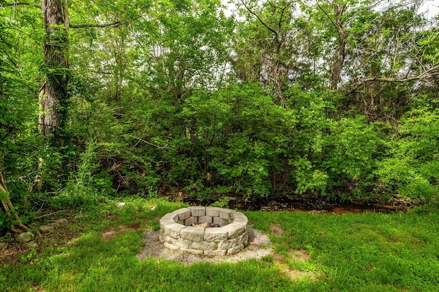 view of yard featuring a fire pit and a wooded view