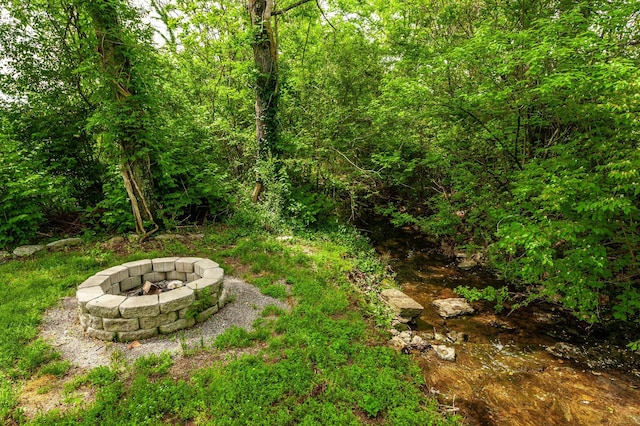 view of yard with a fire pit and a wooded view