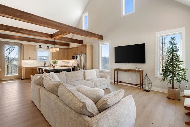 48 Hasty Hill Rd, Lynchburg, TN 37352 - living room featuring light wood-style floors, baseboards, beam ceiling, and high vaulted ceiling