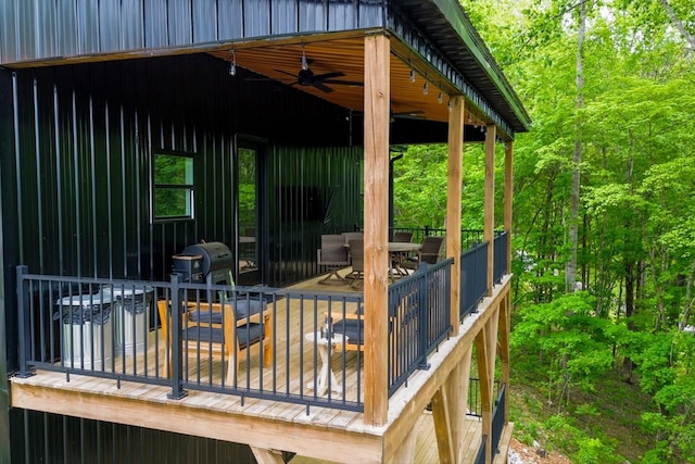 48 Hasty Hill Rd, Lynchburg, TN 37352 - wooden terrace with a ceiling fan, outdoor dining space, and area for grilling