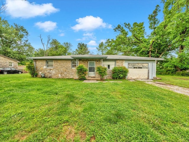 single story home with a front lawn, dirt driveway, a garage, and stone siding