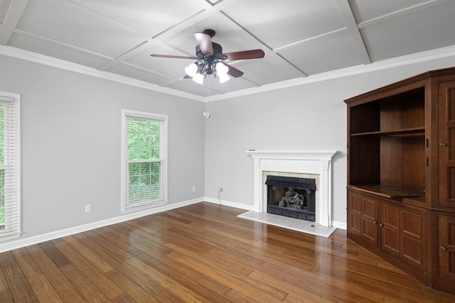 429 Old Oak Way, Hermitage, TN 37076 - unfurnished living room with coffered ceiling, ceiling fan, a tiled fireplace, baseboards, and wood finished floors
