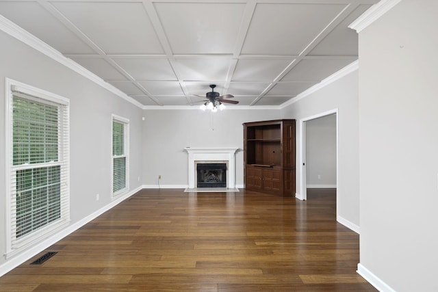 429 Old Oak Way, Hermitage, TN 37076 - unfurnished living room featuring ceiling fan, wood finished floors, a fireplace with flush hearth, baseboards, and coffered ceiling