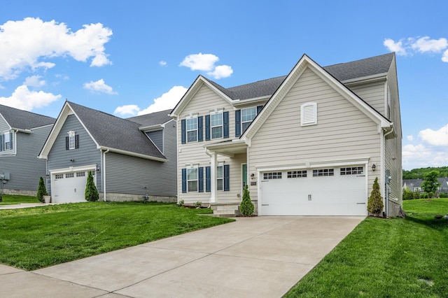 traditional-style house with a front yard, a garage, a shingled roof, and driveway