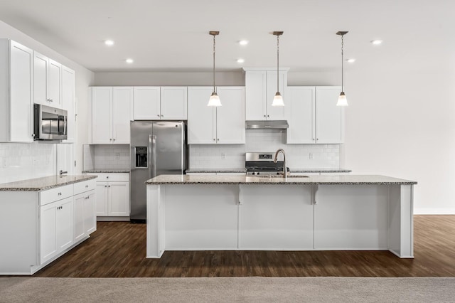 kitchen featuring under cabinet range hood, a sink, stainless steel appliances, white cabinets, and dark wood-style floors