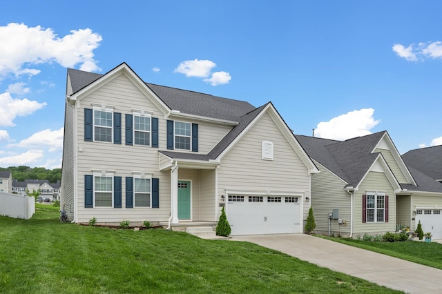 view of front facade with concrete driveway, a shingled roof, a front lawn, and a garage