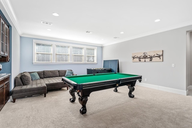 4029 Kings Camp Pass, Arrington, TN 37014 - playroom featuring ornamental molding, billiards, visible vents, and light colored carpet