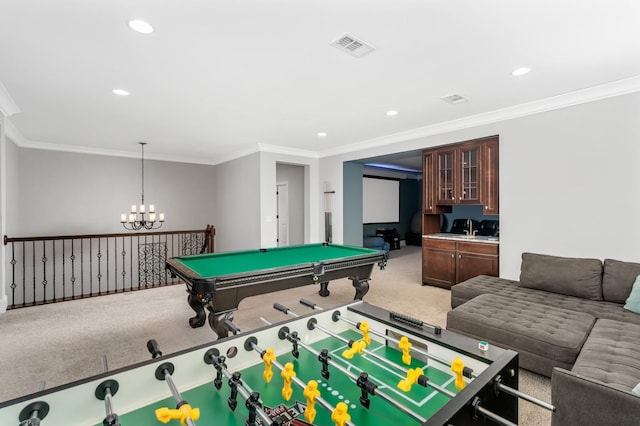 4029 Kings Camp Pass, Arrington, TN 37014 - game room with pool table, recessed lighting, carpet, ornamental molding, and an inviting chandelier