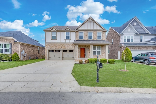 view of front facade featuring a front lawn, driveway, brick siding, and a garage