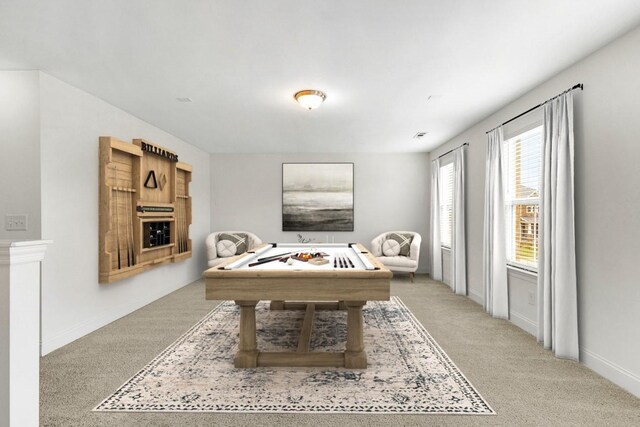 recreation room featuring baseboards, light carpet, and billiards