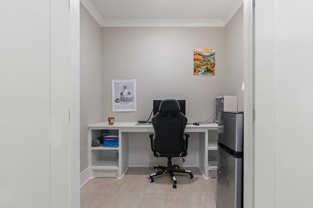 office area with crown molding and tile patterned floors