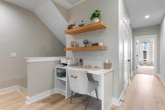 office with recessed lighting, baseboards, visible vents, and light wood-style floors