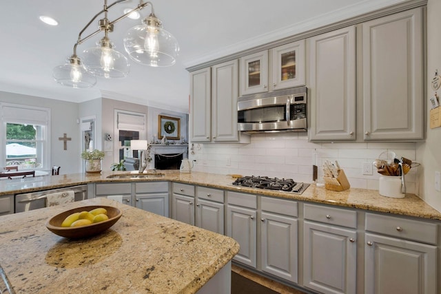 2105 Chels Way, Old Hickory, TN 37138 - kitchen featuring gray cabinetry, light stone counters, a sink, decorative backsplash, and stainless steel appliances