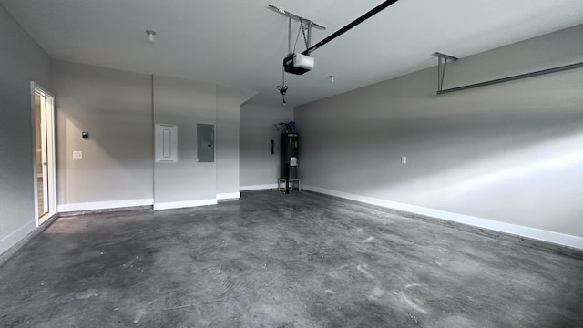 garage with electric panel, electric water heater, baseboards, and a garage door opener