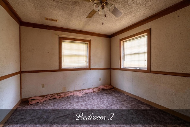 unfurnished room featuring a wealth of natural light, ornamental molding, and a textured wall