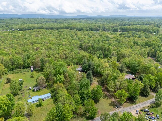 bird's eye view featuring a forest view and a mountain view