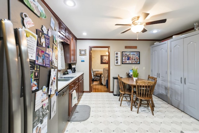 kitchen with freestanding refrigerator, light floors, ceiling fan, and dishwasher