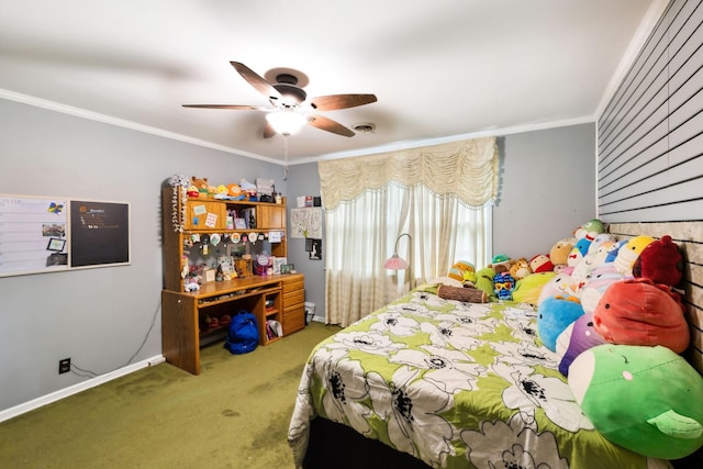 bedroom featuring ornamental molding, carpet flooring, a ceiling fan, and baseboards