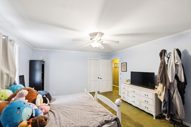carpeted bedroom featuring crown molding and ceiling fan
