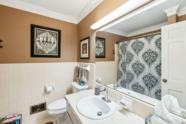 full bath with curtained shower, vanity, tile walls, and toilet