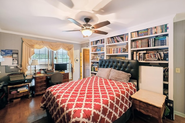 bedroom featuring crown molding, ceiling fan, and dark wood-type flooring