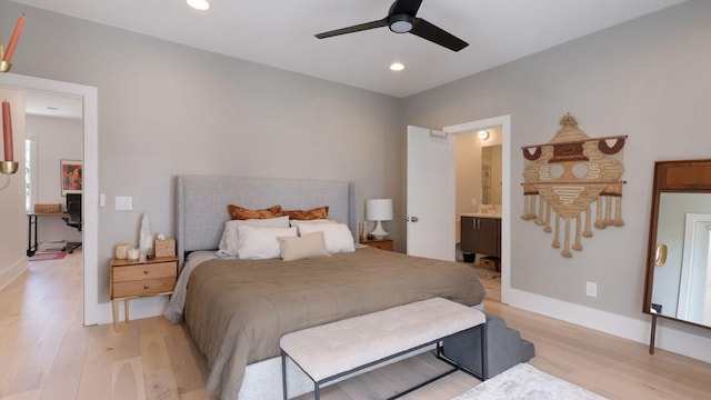 bedroom with baseboards, recessed lighting, and light wood-type flooring