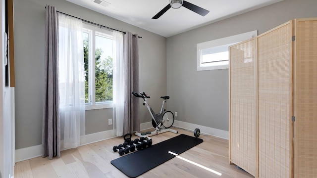 exercise area featuring a ceiling fan, light wood-type flooring, plenty of natural light, and visible vents