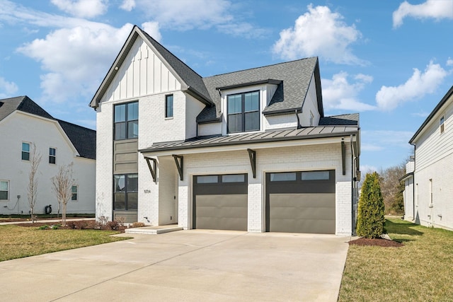5734 Willoughby Way, Murfreesboro, TN 37129 - modern farmhouse style home featuring concrete driveway, a standing seam roof, brick siding, and an attached garage