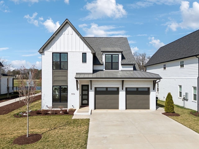 5734 Willoughby Way, Murfreesboro, TN 37129 - modern farmhouse style home with a front lawn, board and batten siding, brick siding, driveway, and a standing seam roof