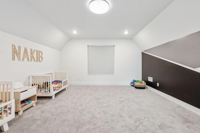 5734 Willoughby Way, Murfreesboro, TN 37129 - unfurnished bedroom featuring vaulted ceiling, carpet flooring, baseboards, and a crib