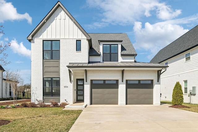 5734 Willoughby Way, Murfreesboro, TN 37129 - modern inspired farmhouse with concrete driveway, board and batten siding, brick siding, and a standing seam roof
