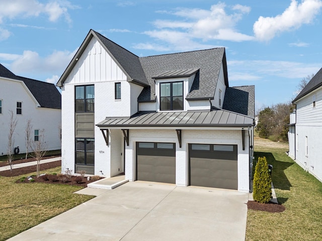 5734 Willoughby Way, Murfreesboro, TN 37129 - modern inspired farmhouse with a garage, concrete driveway, a front yard, roof with shingles, and a standing seam roof