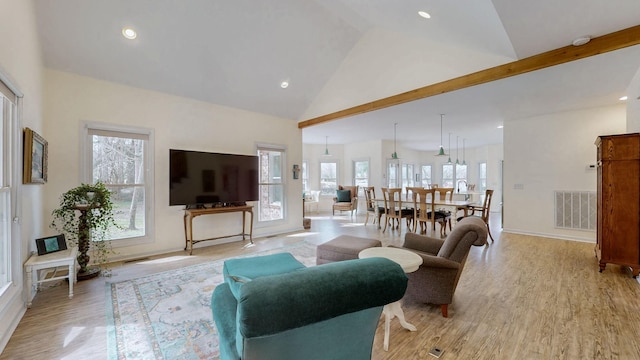 living area featuring recessed lighting, high vaulted ceiling, visible vents, and light wood-style floors
