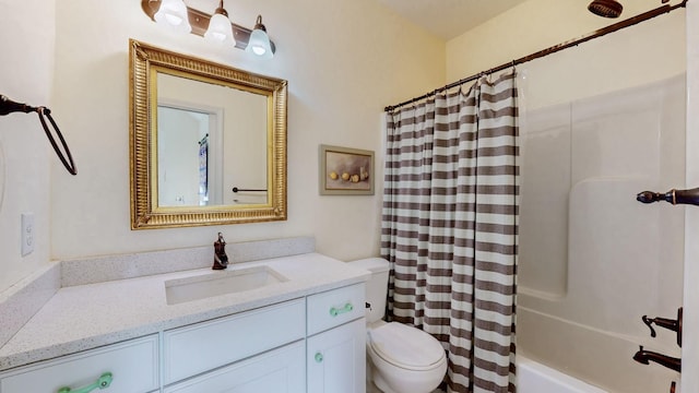 full bathroom with vanity, toilet, and shower / bath combination with curtain