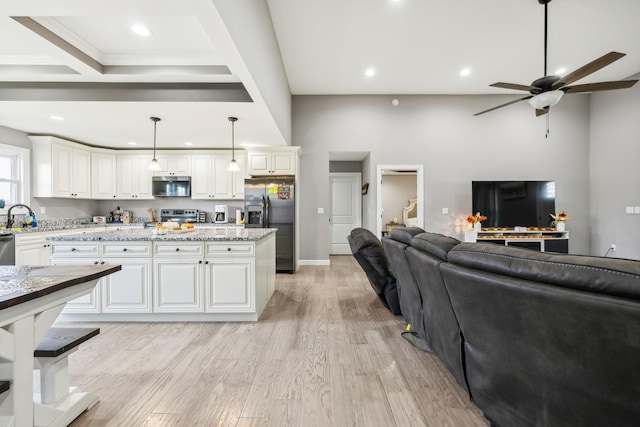 855 Sneed Blvd, Lafayette, TN 37083 - kitchen featuring white cabinets, open floor plan, a ceiling fan, and appliances with stainless steel finishes