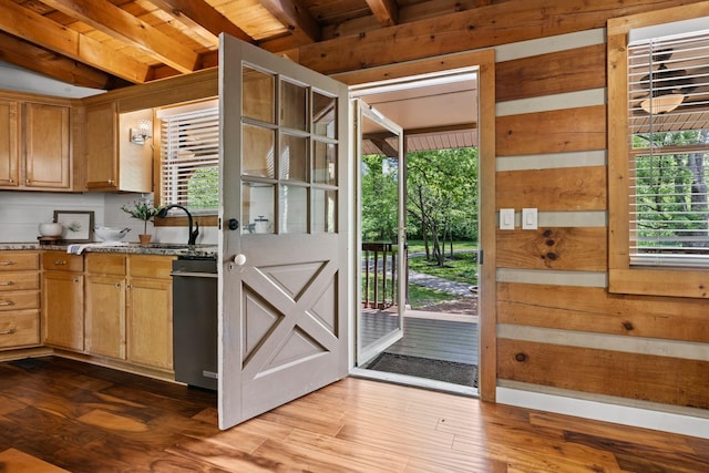 1708 Sugar Ridge Rd, Spring Hill, TN 37174 - doorway with dark wood finished floors, a sink, wood walls, and wood ceiling with exposed beams