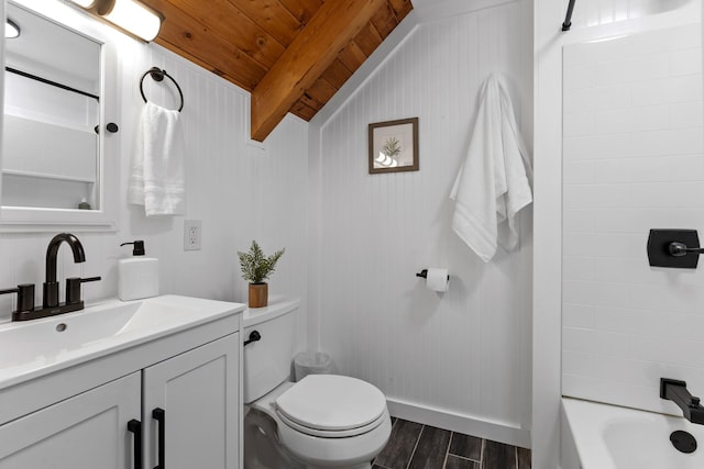 1708 Sugar Ridge Rd, Spring Hill, TN 37174 - bathroom with wood finished floors, vanity, wood ceiling, toilet, and bathtub / shower combination