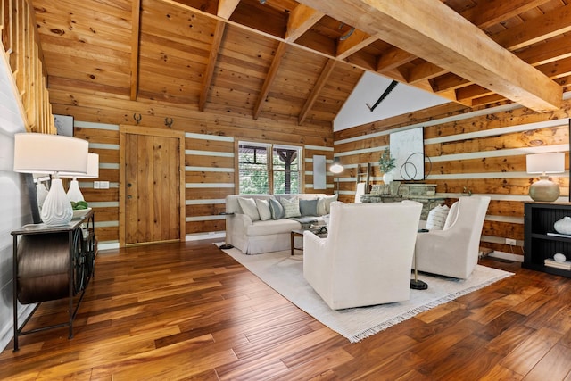 1708 Sugar Ridge Rd, Spring Hill, TN 37174 - living room featuring wooden ceiling with exposed beams, wooden walls, wood-type flooring, and high vaulted ceiling
