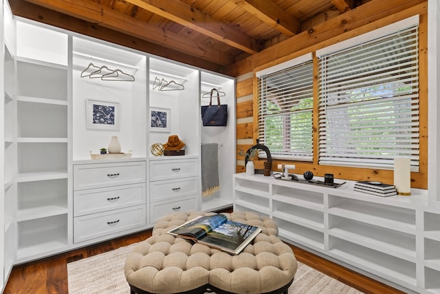 1708 Sugar Ridge Rd, Spring Hill, TN 37174 - sitting room featuring wood ceiling with exposed beams, wood walls, and dark wood-type flooring