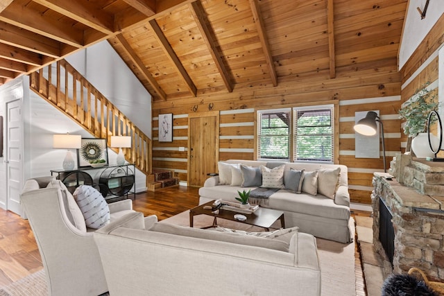 1708 Sugar Ridge Rd, Spring Hill, TN 37174 - living room with wooden ceiling with exposed beams, wood finished floors, wooden walls, stairs, and high vaulted ceiling