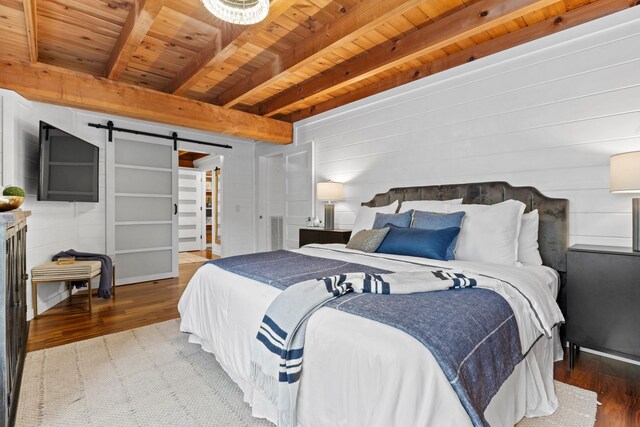 1708 Sugar Ridge Rd, Spring Hill, TN 37174 - bedroom with a barn door, wood finished floors, and wood ceiling with exposed beams