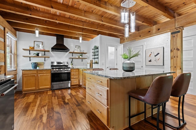 1708 Sugar Ridge Rd, Spring Hill, TN 37174 - kitchen with wall chimney exhaust hood, stainless steel appliances, open shelves, dark wood-style flooring, and wooden ceiling with exposed beams