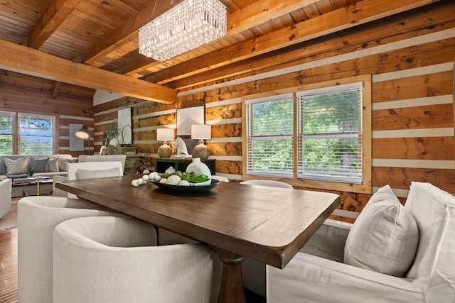 1708 Sugar Ridge Rd, Spring Hill, TN 37174 - dining area featuring wood walls, wood ceiling with exposed beams, a chandelier, and wood finished floors