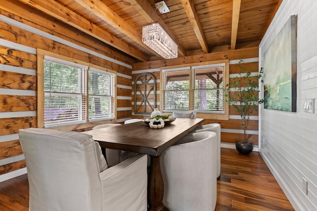 1708 Sugar Ridge Rd, Spring Hill, TN 37174 - dining room featuring wooden walls, wooden ceiling with exposed beams, plenty of natural light, a chandelier, and dark wood finished floors