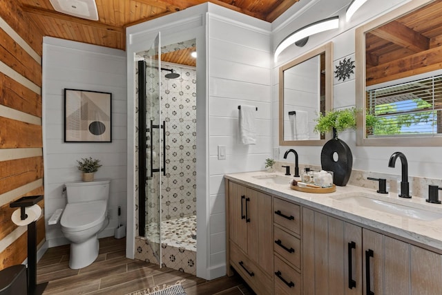 1708 Sugar Ridge Rd, Spring Hill, TN 37174 - full bath with wooden ceiling, wood finished floors, a shower stall, double vanity, and toilet
